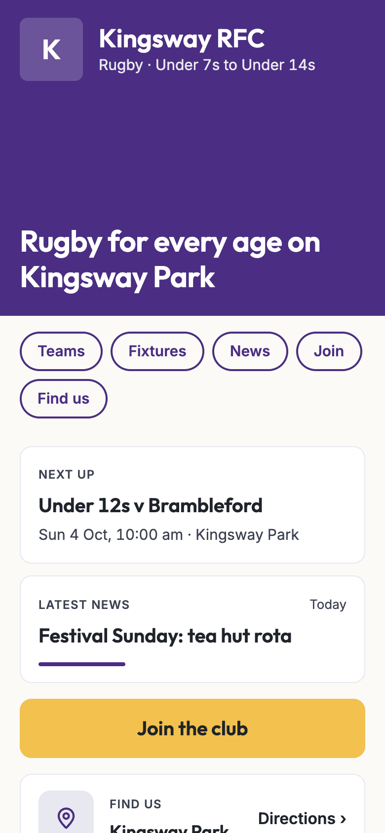 Ashgrove's club website on a phone: the crest and name over the club's colour, the next fixture and the latest news
