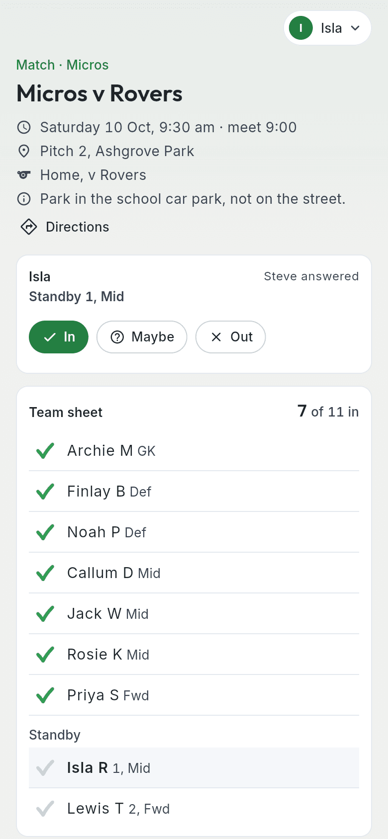 The app's match page: In, Maybe and Out, with the team sheet