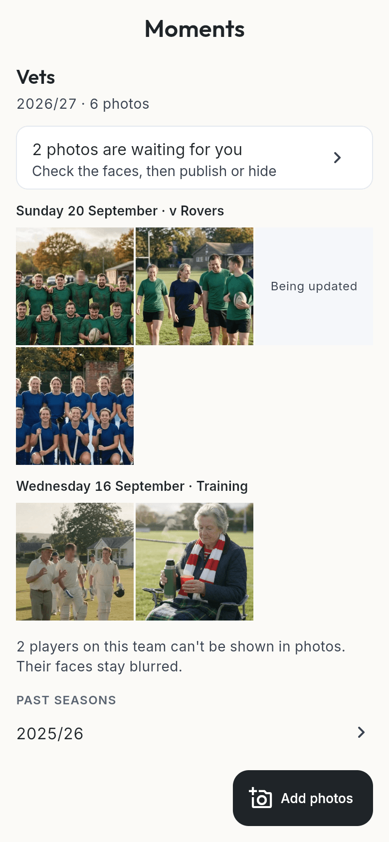 The Moments board with example photographs, made with AI. Two faces are blurred by the app.