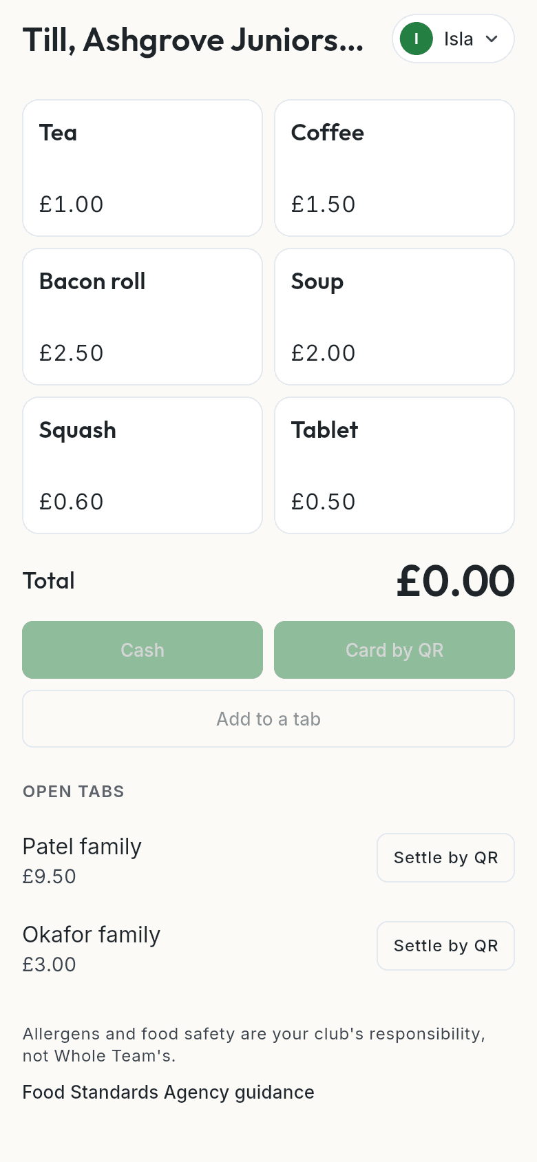 The till in the app: the menu, the total, Cash, Card by QR, Add to a tab, and the open tabs