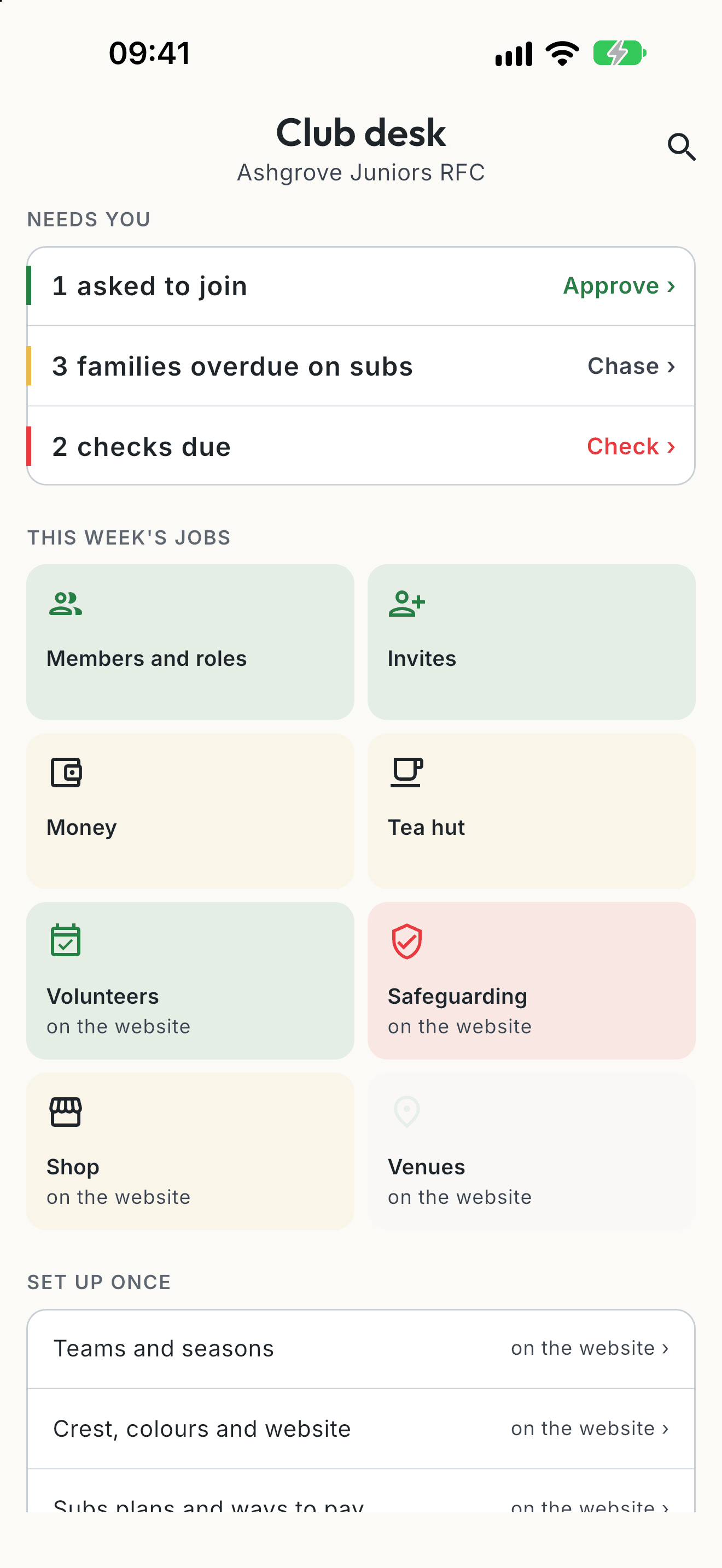 The club desk in the app, with Set up once and Crest, colours and website
