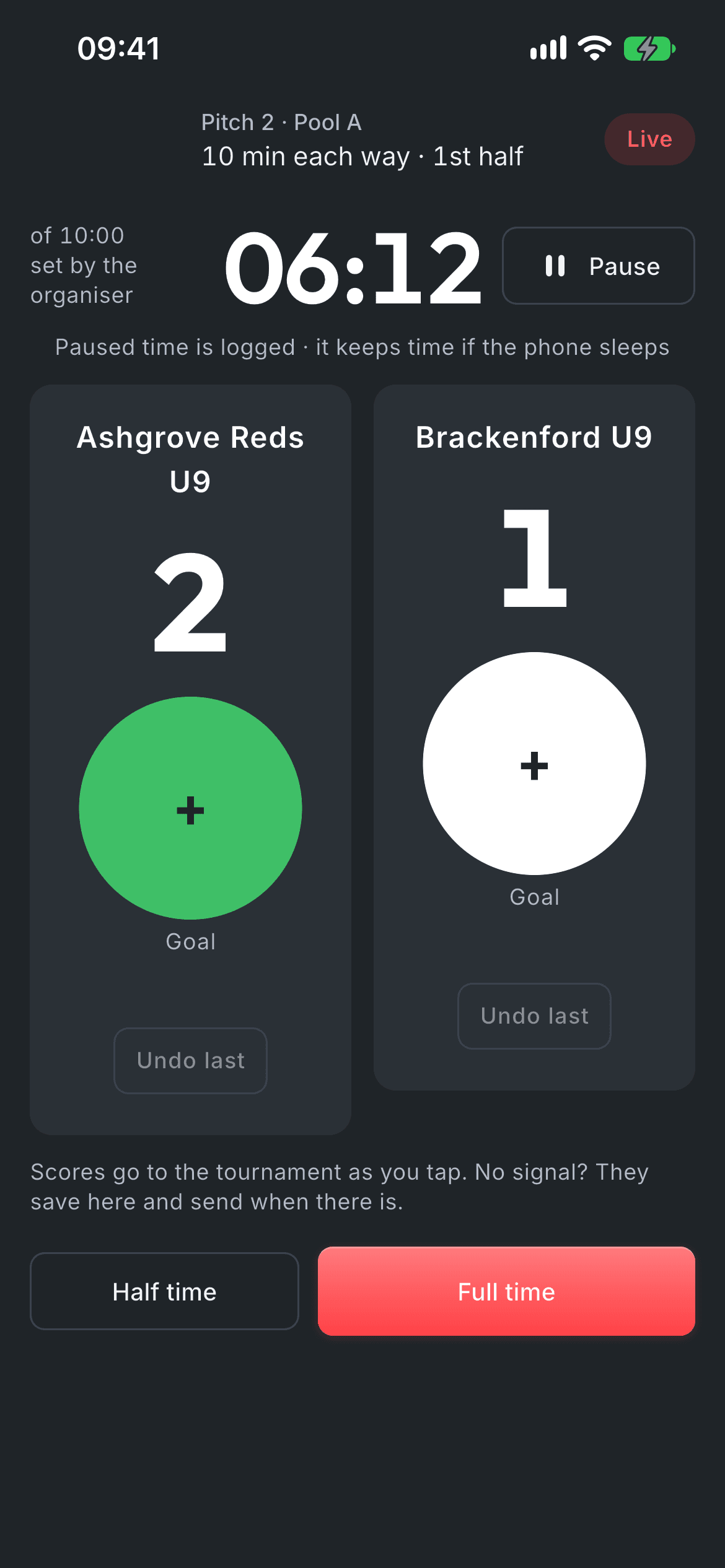 Scoring live, a big button for each team and Undo away from them