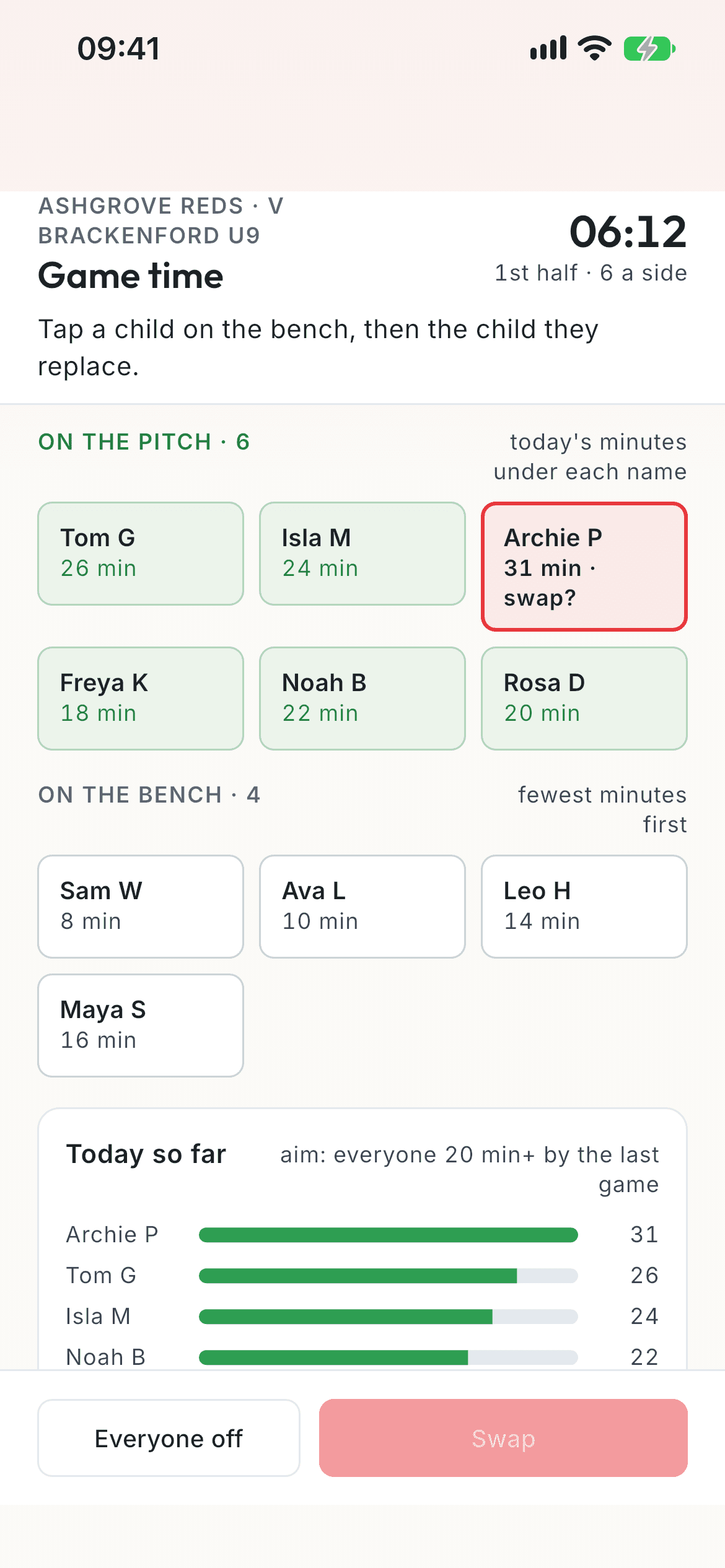 The coach's game time: who is on the pitch, who is on the bench, and each child's minutes