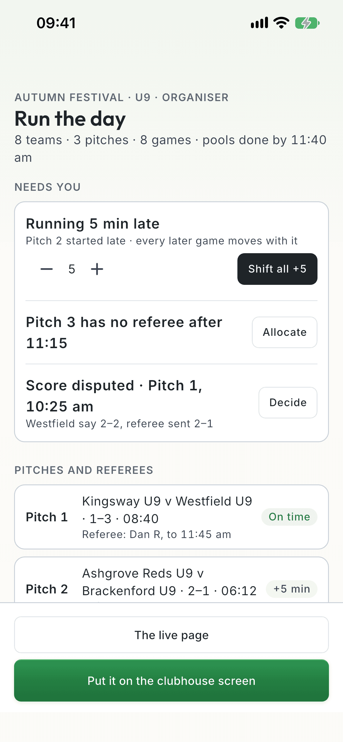 Run the day: Shift all +5, a pitch with no referee, a disputed score
