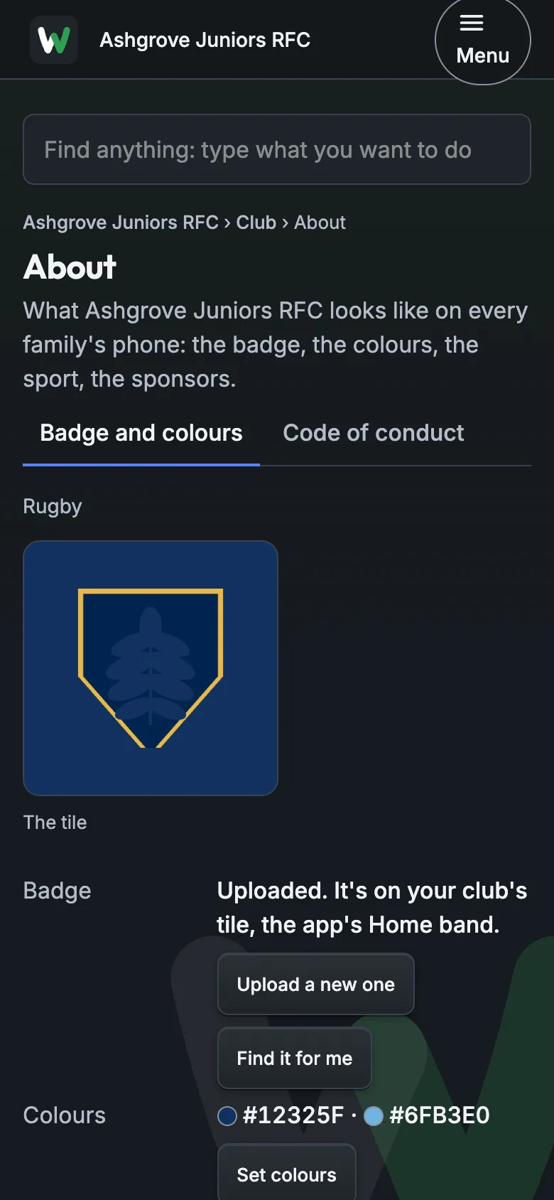The club's About page: the badge tile, colours and sport