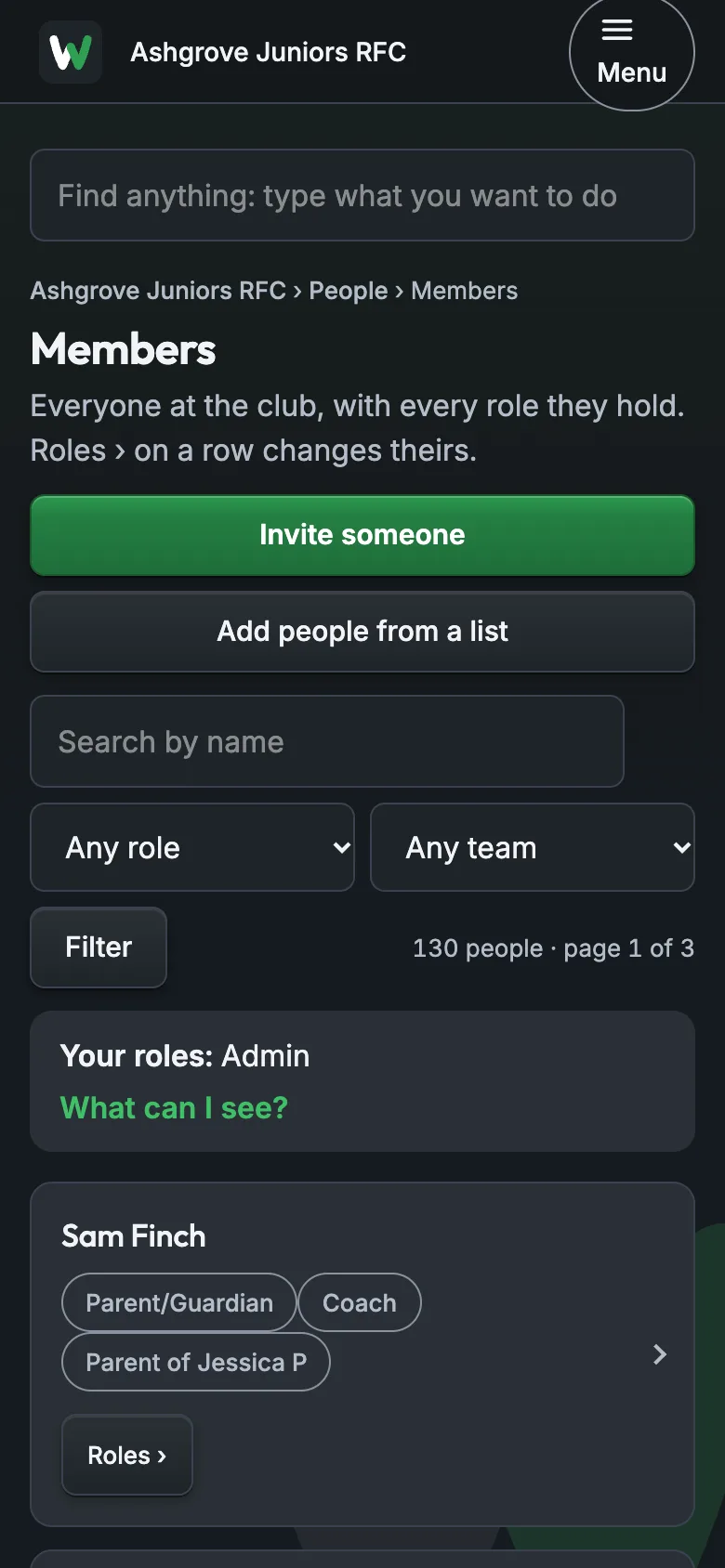 Members, with each person's roles and Roles