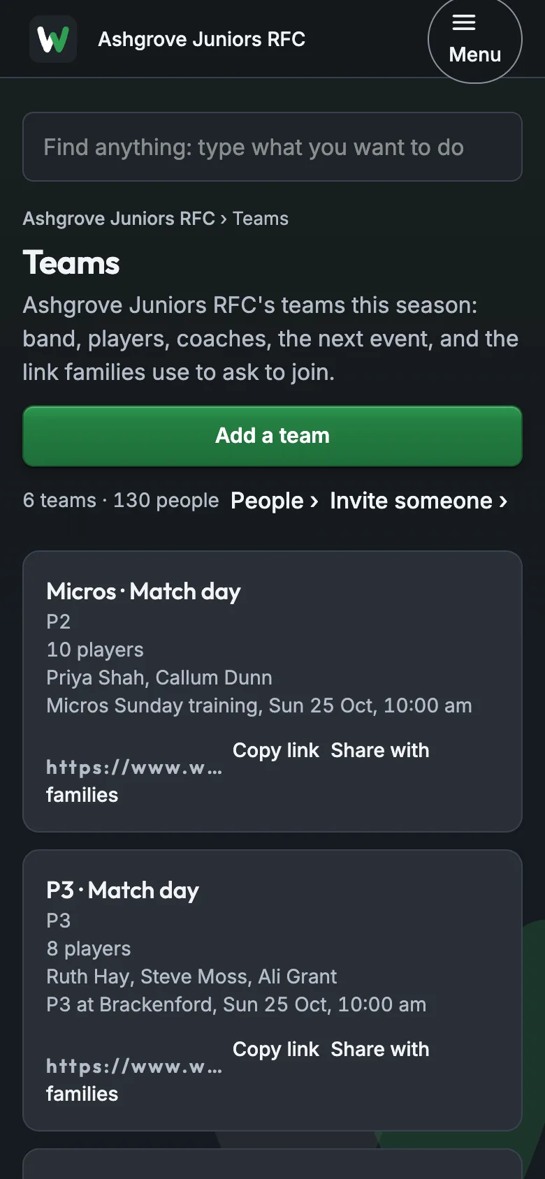 The club's teams for the season, with Add a team