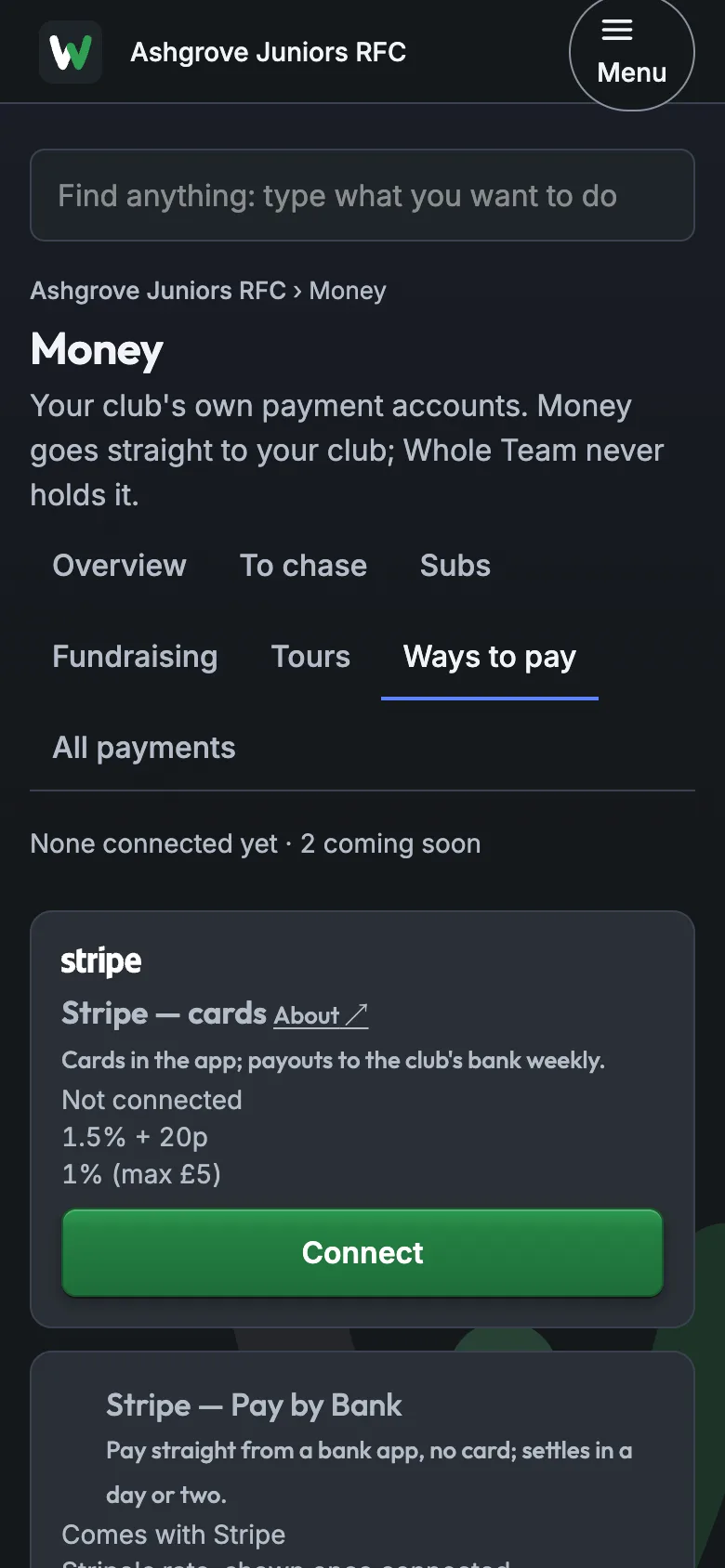 Money › Ways to pay, with Connect beside Stripe