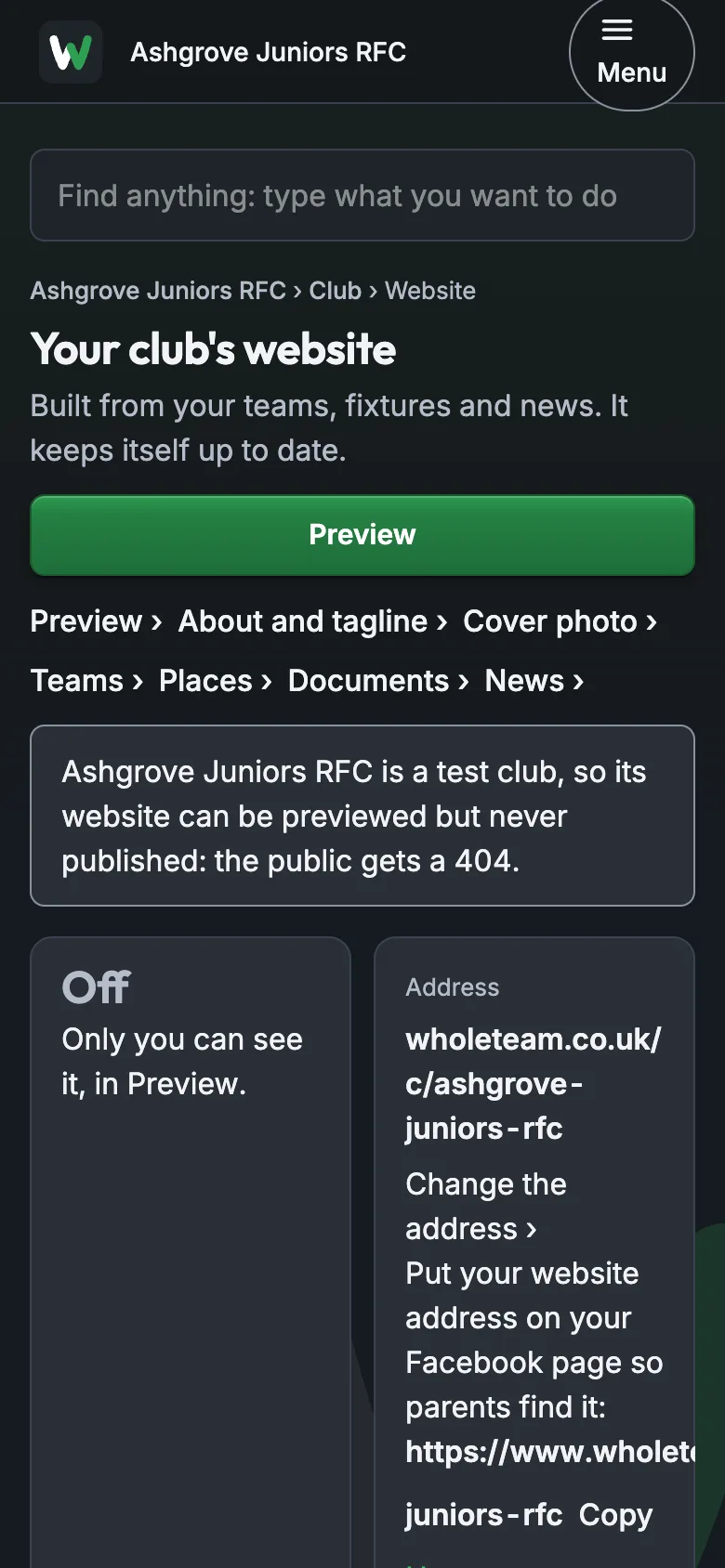 Your club's website, with Preview