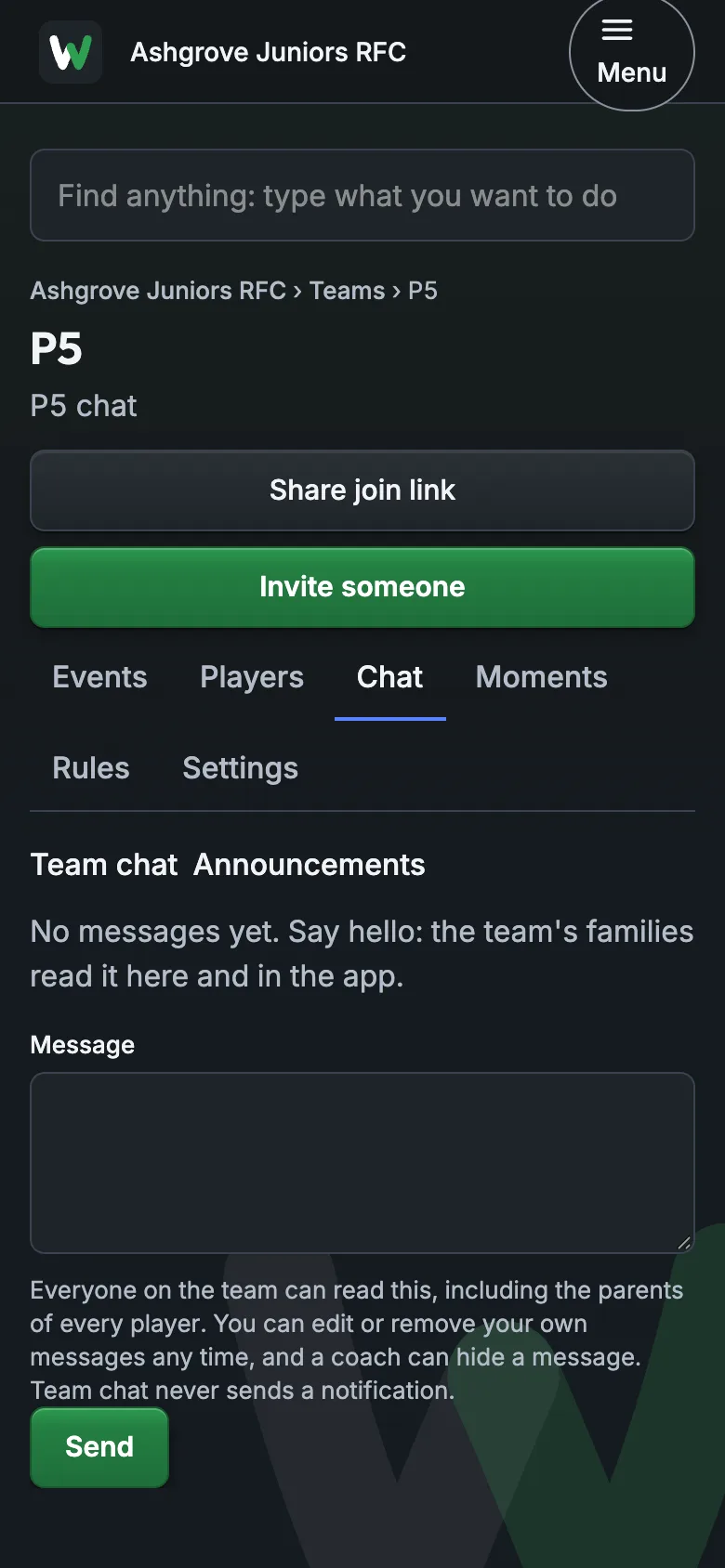 The team's chat with a message box