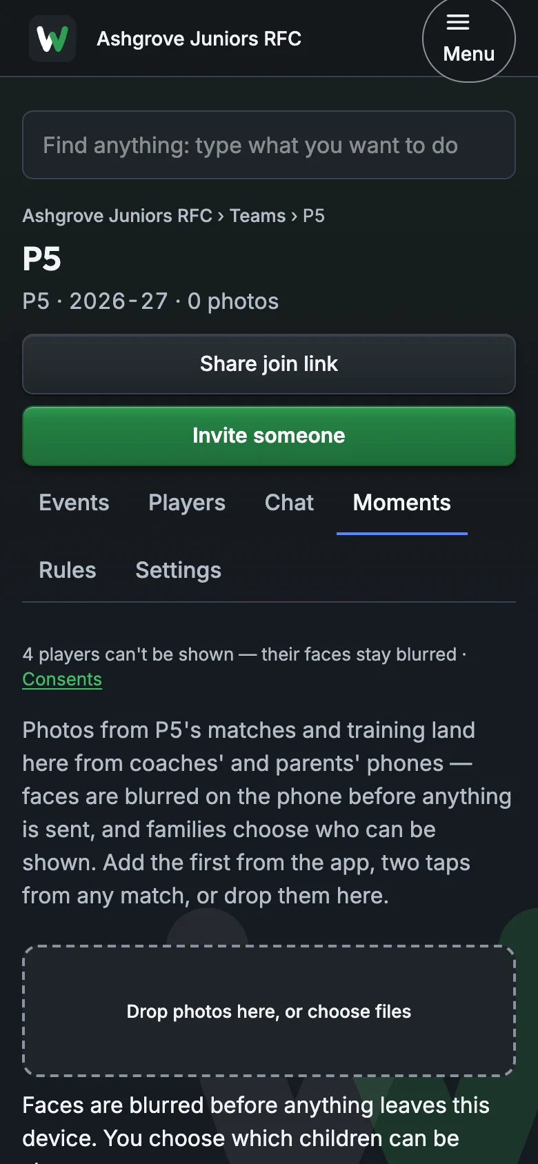 The team's Moments, with faces blurred for players who can't be shown