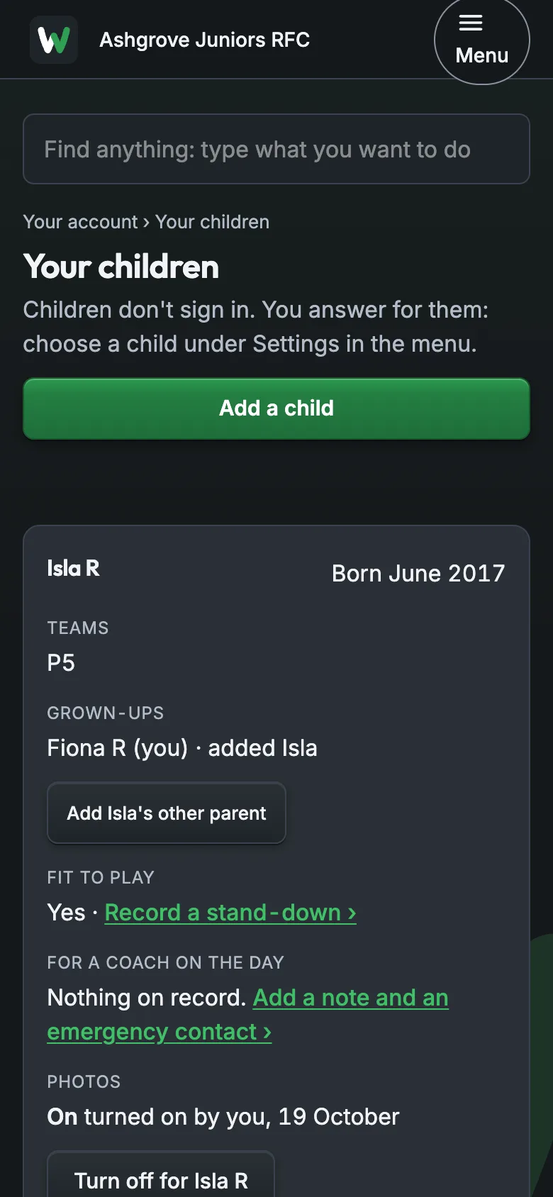 Your child's card: teams, grown-ups, fit to play, photos