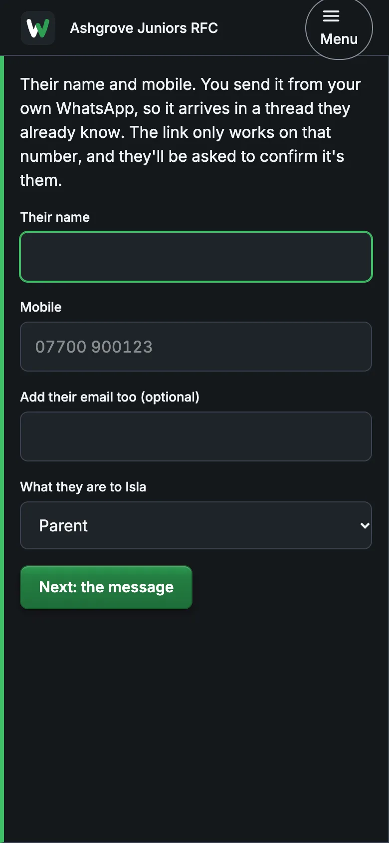 Add the other parent: their name, mobile and what they are to your child