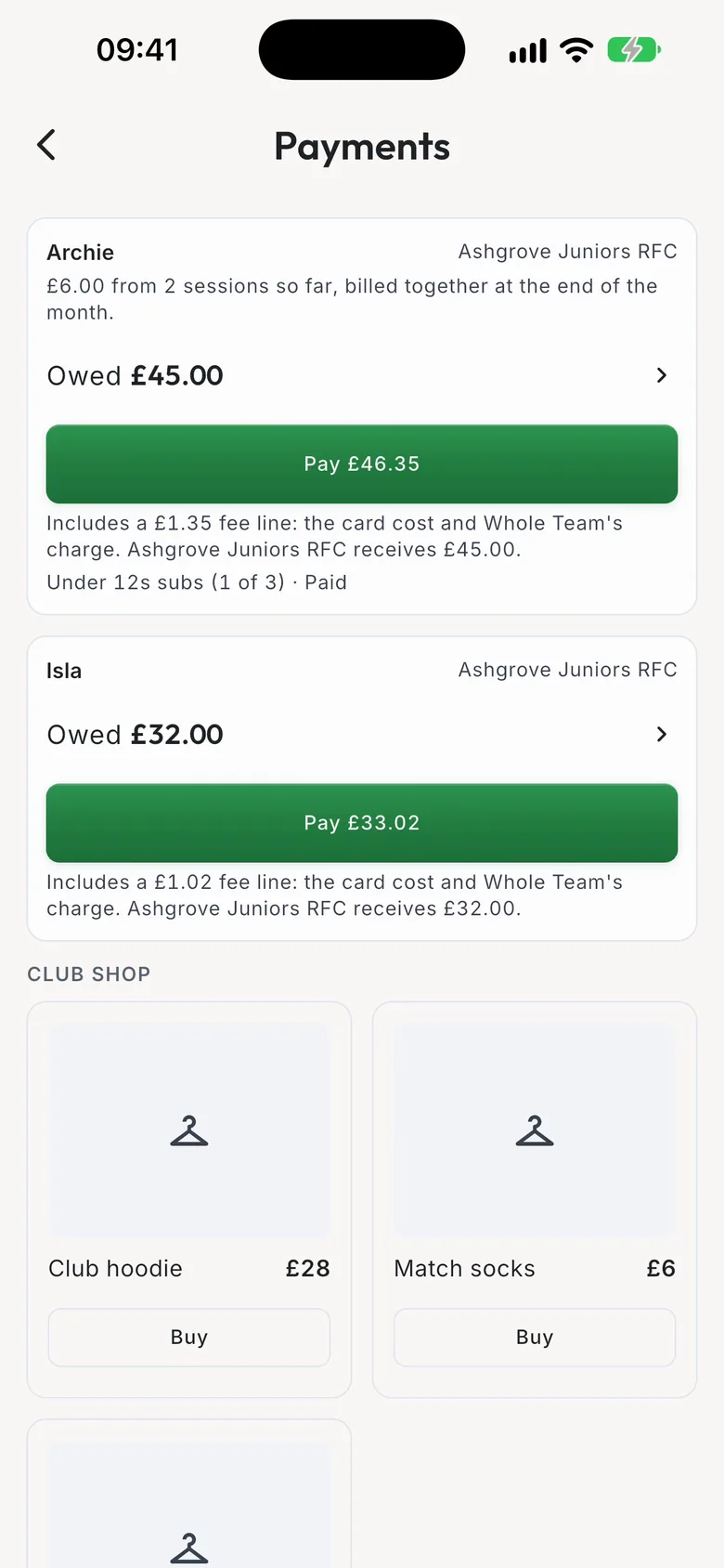 Payments: what's owed for each child, a Pay button, and the fee line under it