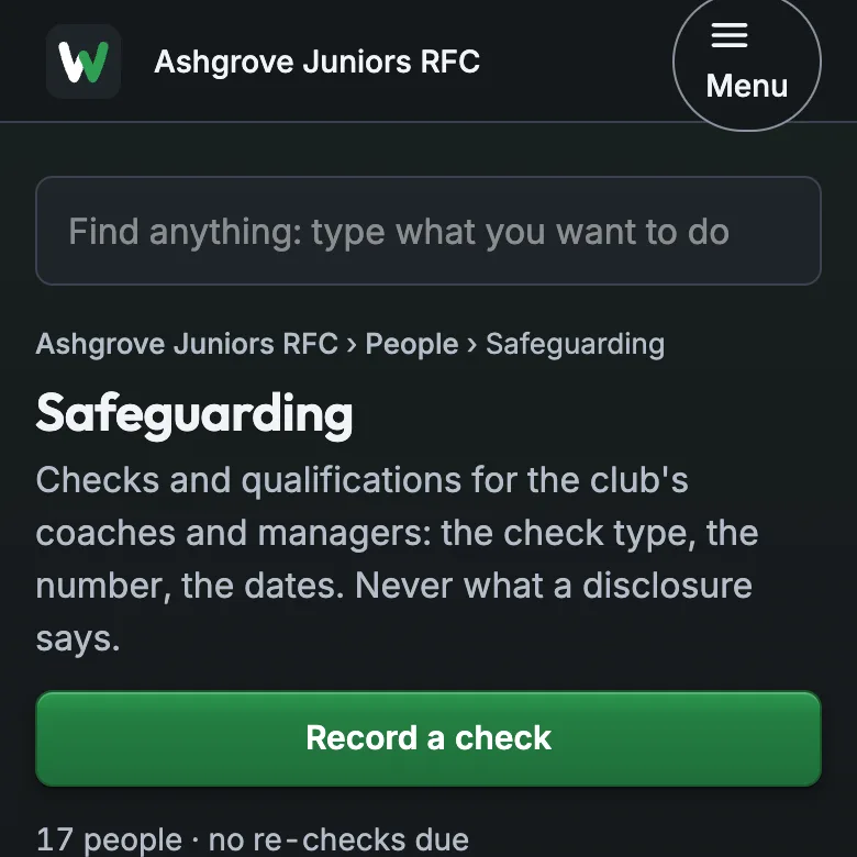Safeguarding, with Record a check