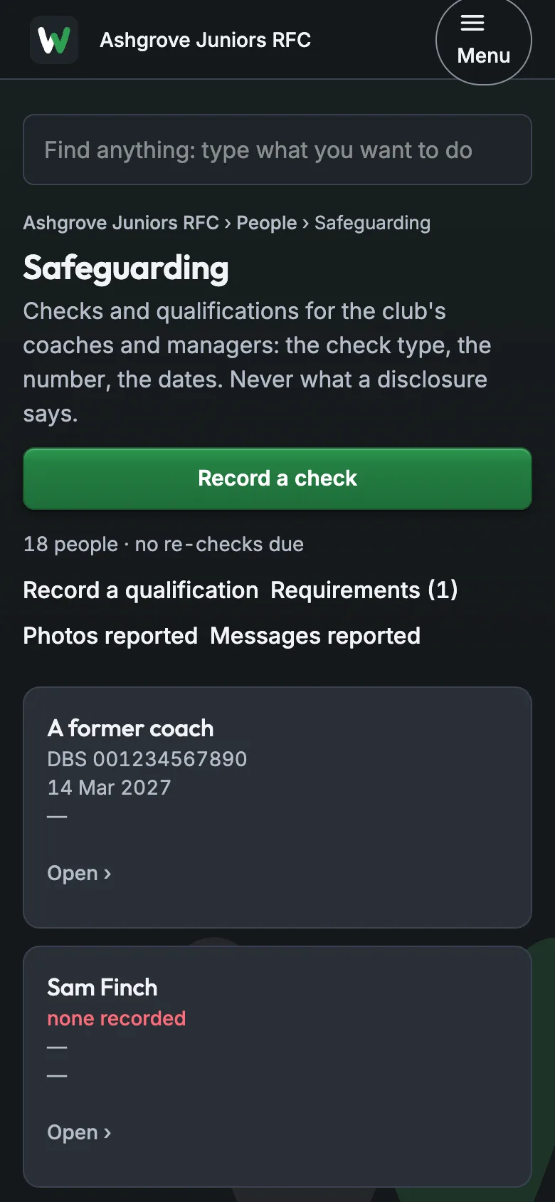 Safeguarding: each coach with their check and its dates