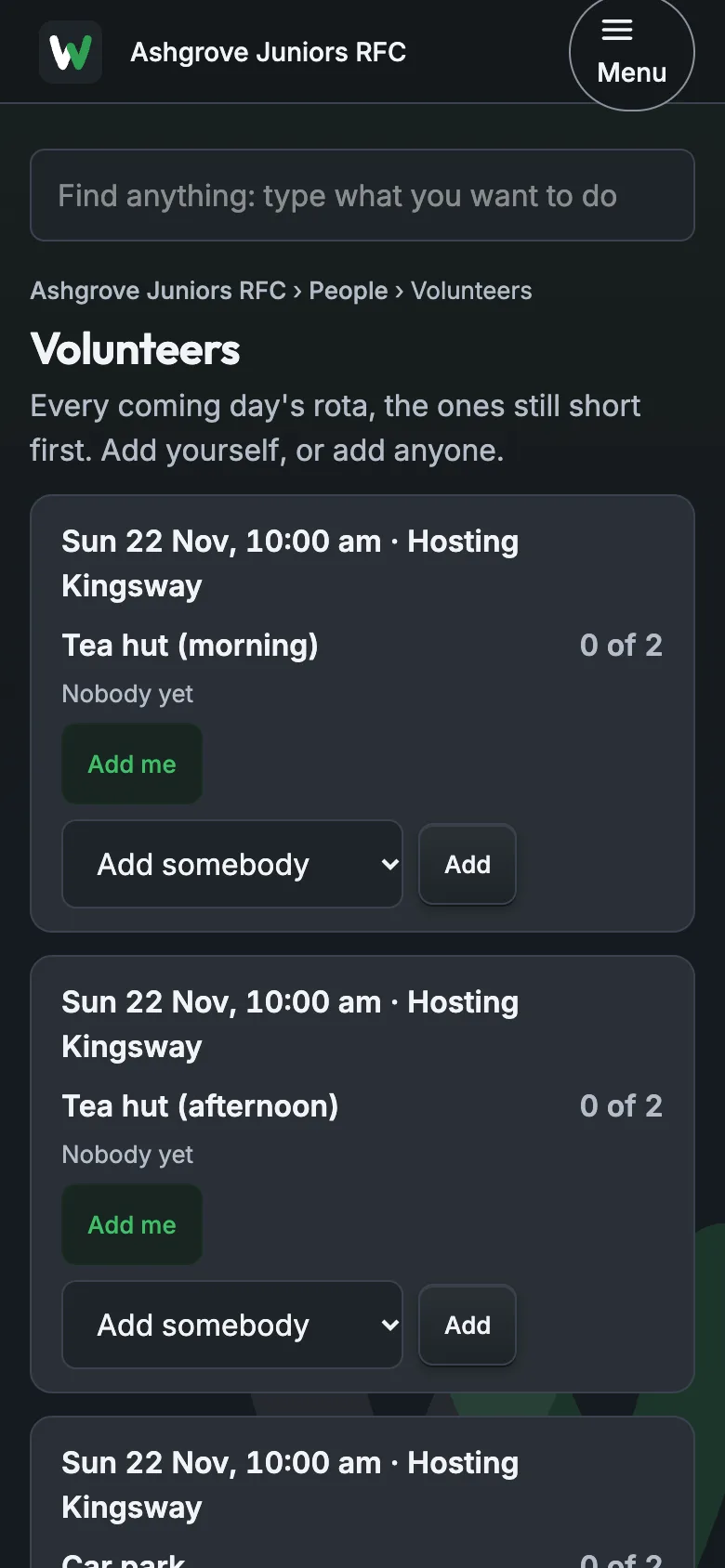 Volunteers: each day's tea hut rota, with Add me