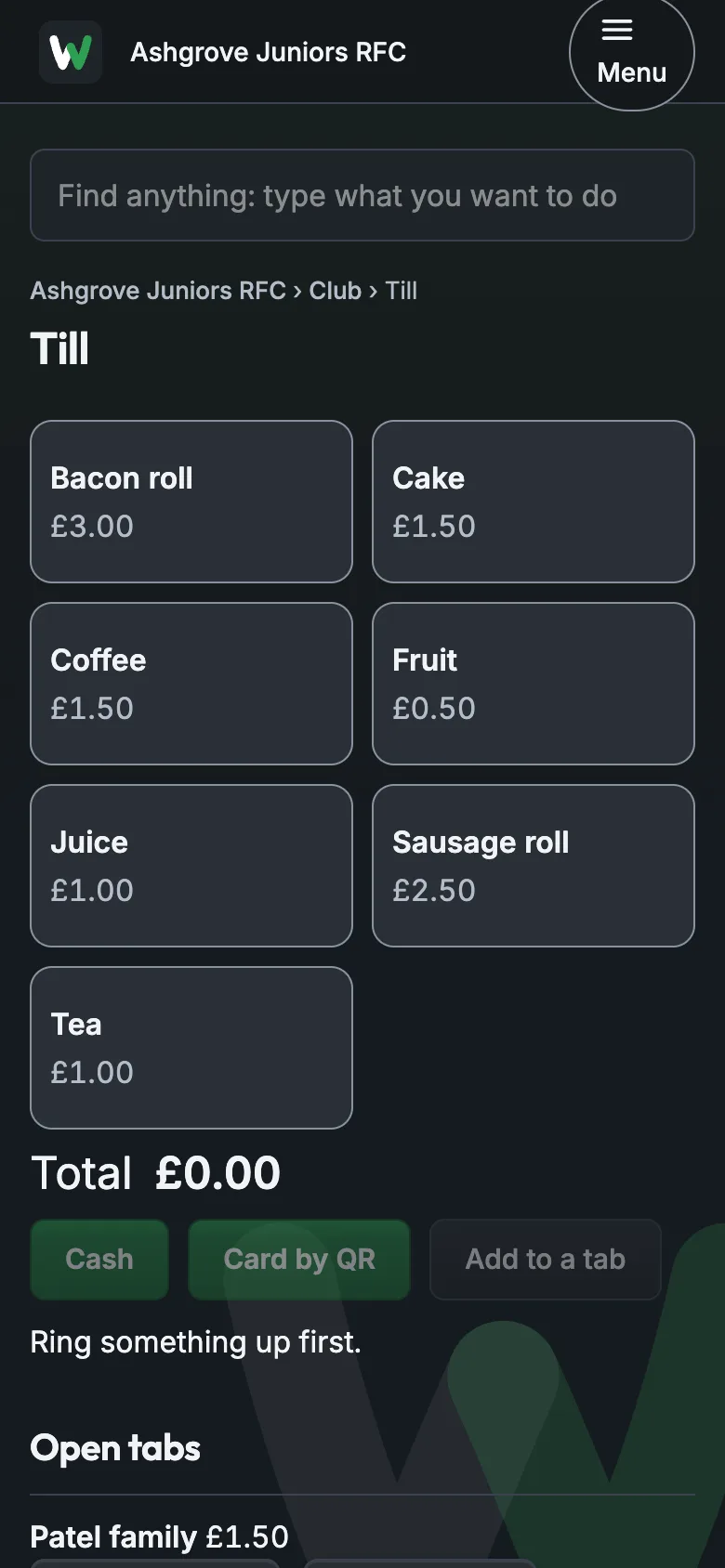 The till: items, the total, Cash, Card by QR and Add to a tab