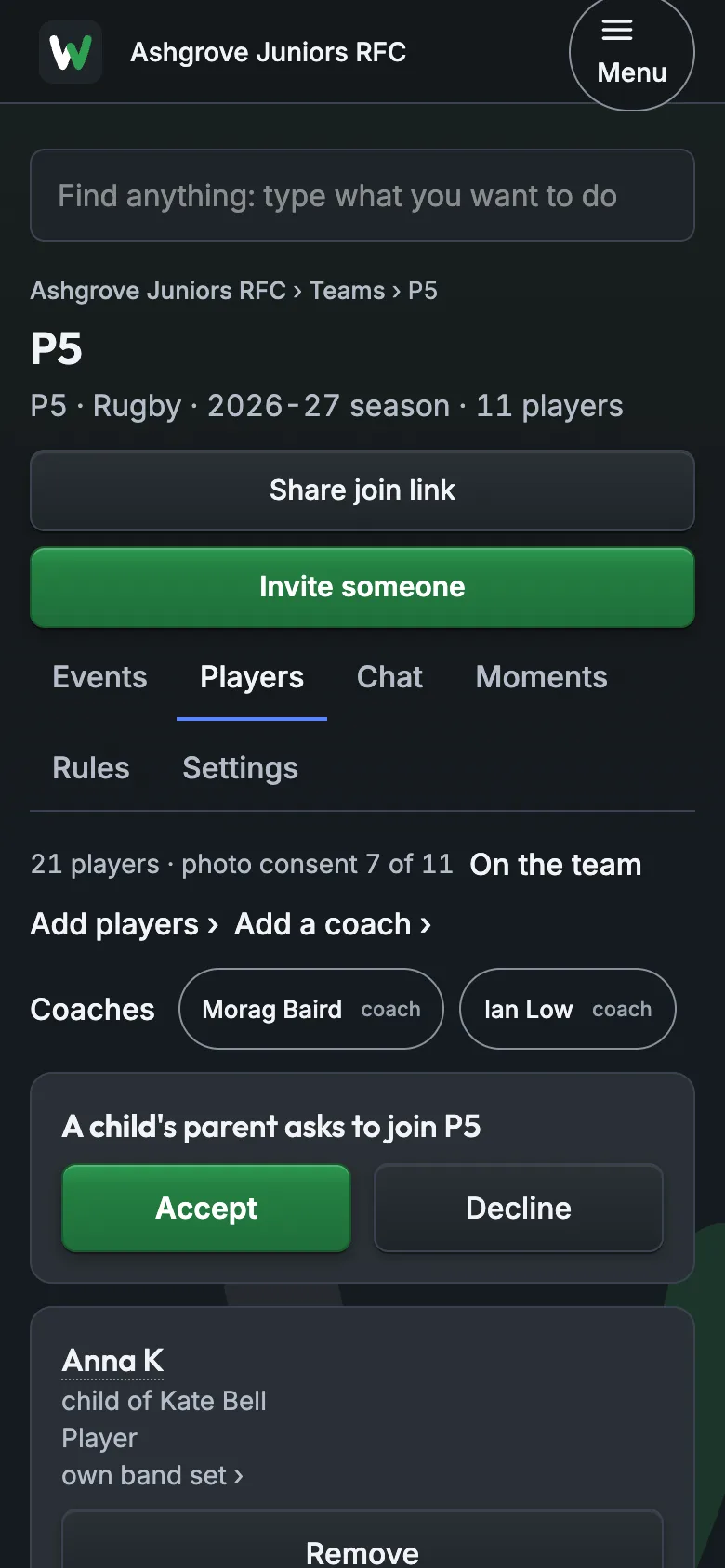 Your team's Players: a parent's ask to join, with Accept and Decline