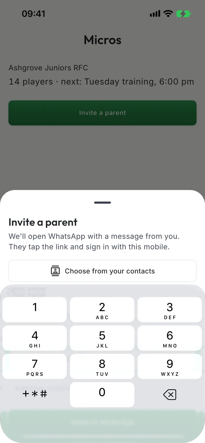 The Invite a parent sheet with a name and a mobile