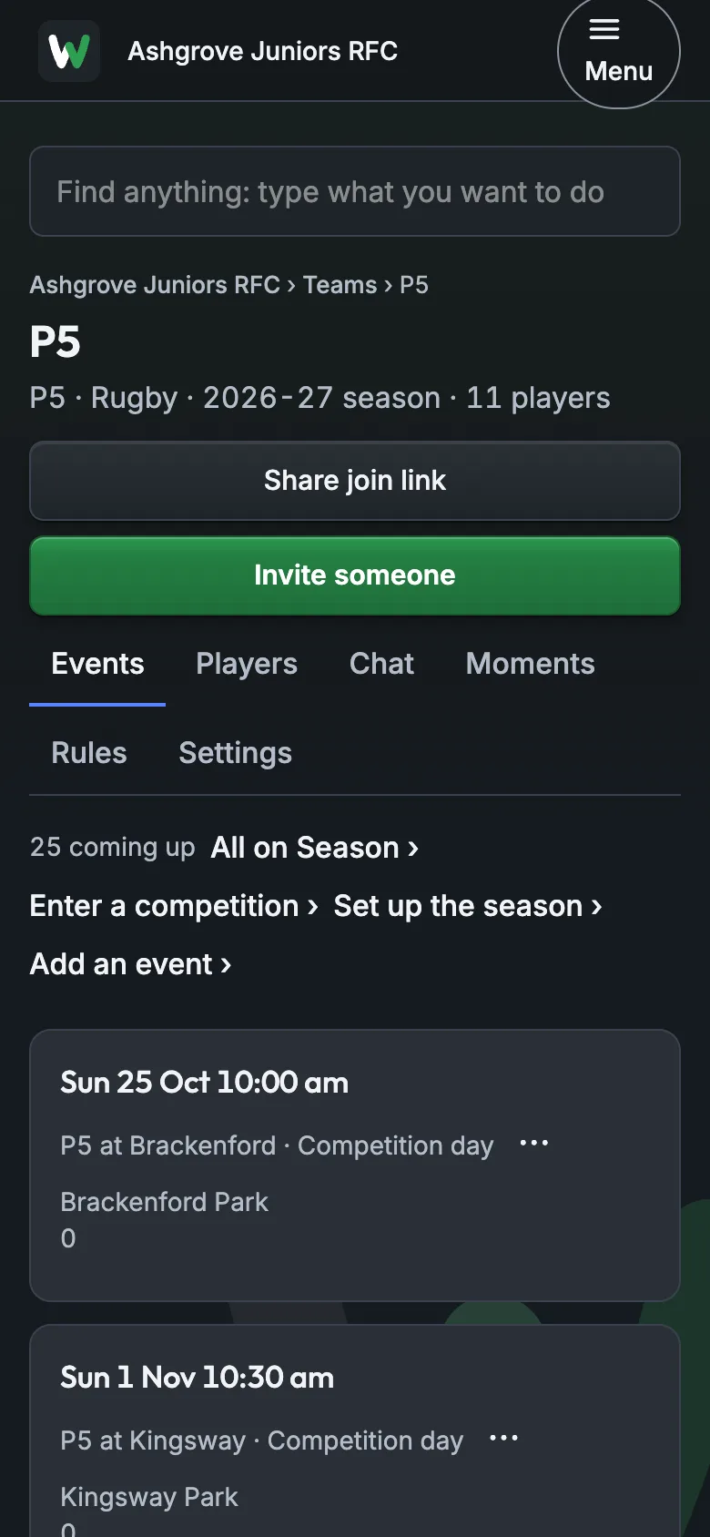 A team's page with its coming events listed