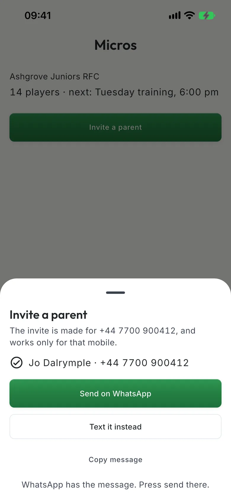 The invite made, with Send on WhatsApp