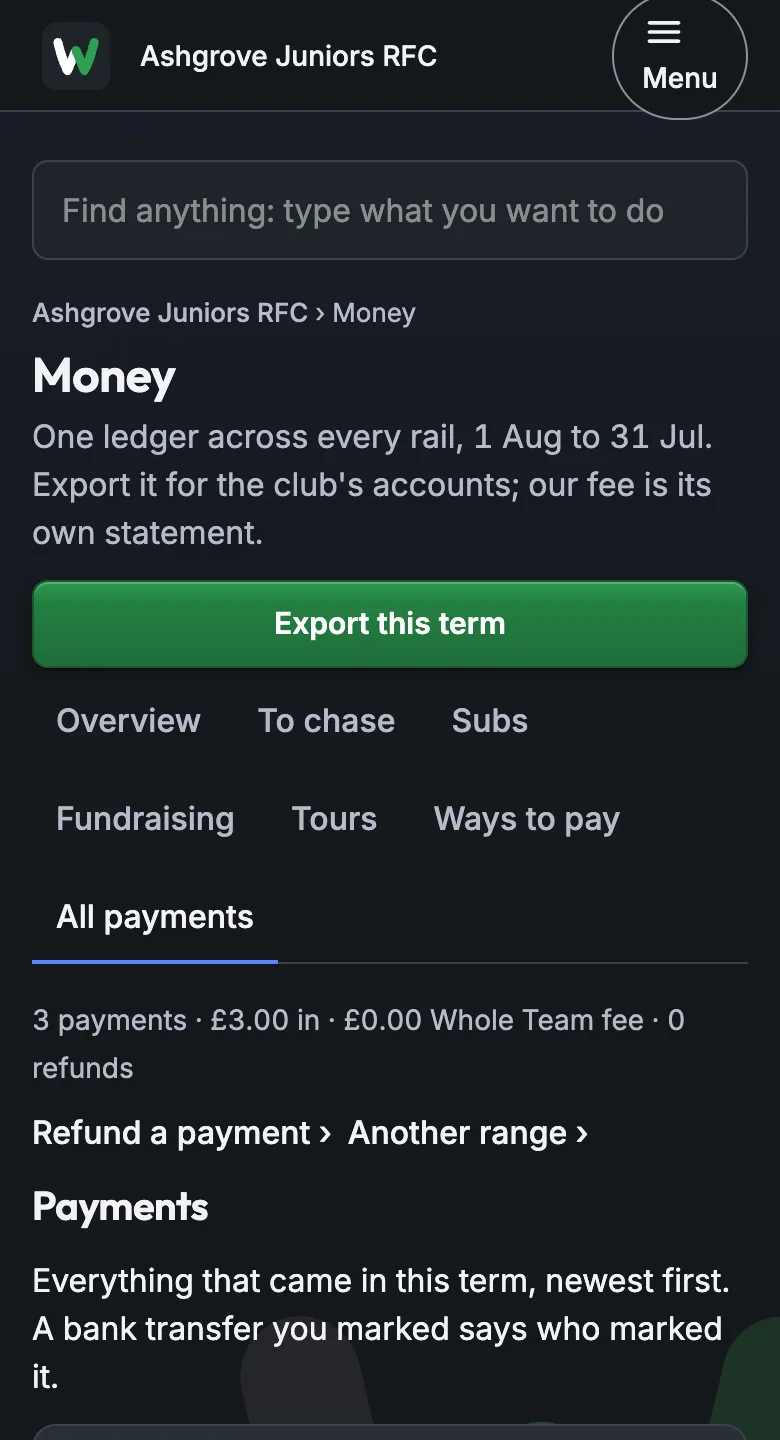 Money › All payments, with Export this term