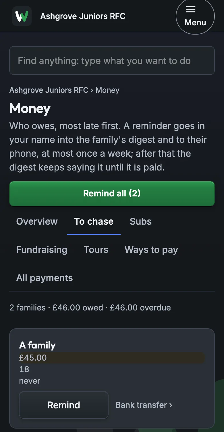 Money › To chase: families who owe, most late first, with Remind