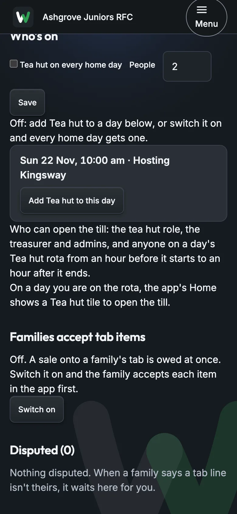 Club › Tea hut: Disputed, waiting for the treasurer