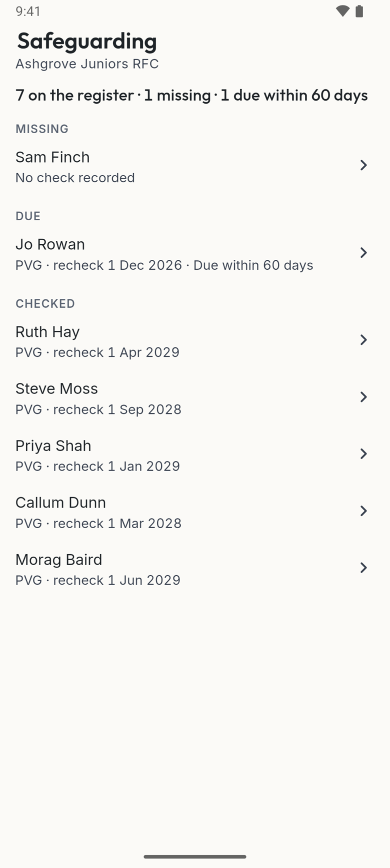 The register in the app: missing, due, and checked