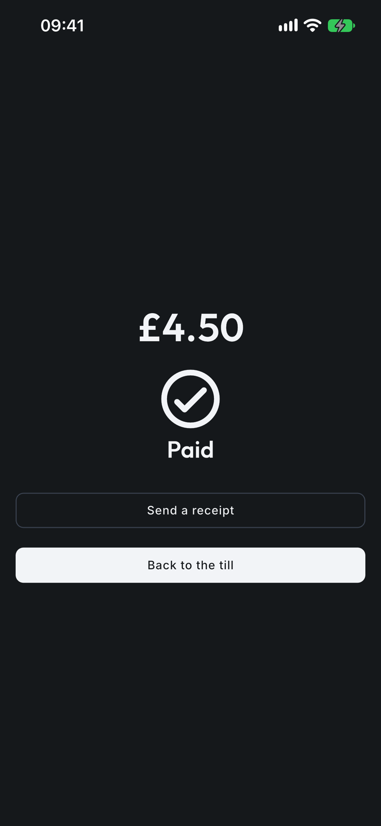 After a tap: Paid, with Send a receipt