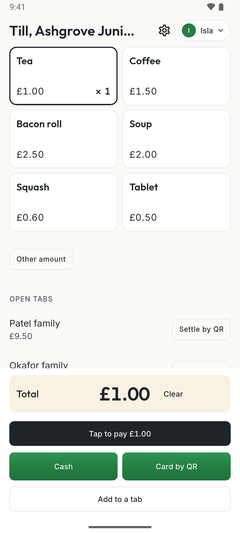 The till on Ashgrove's phone: the menu, the total, Tap to Pay on Android, Cash, Card by QR and Add to a tab
