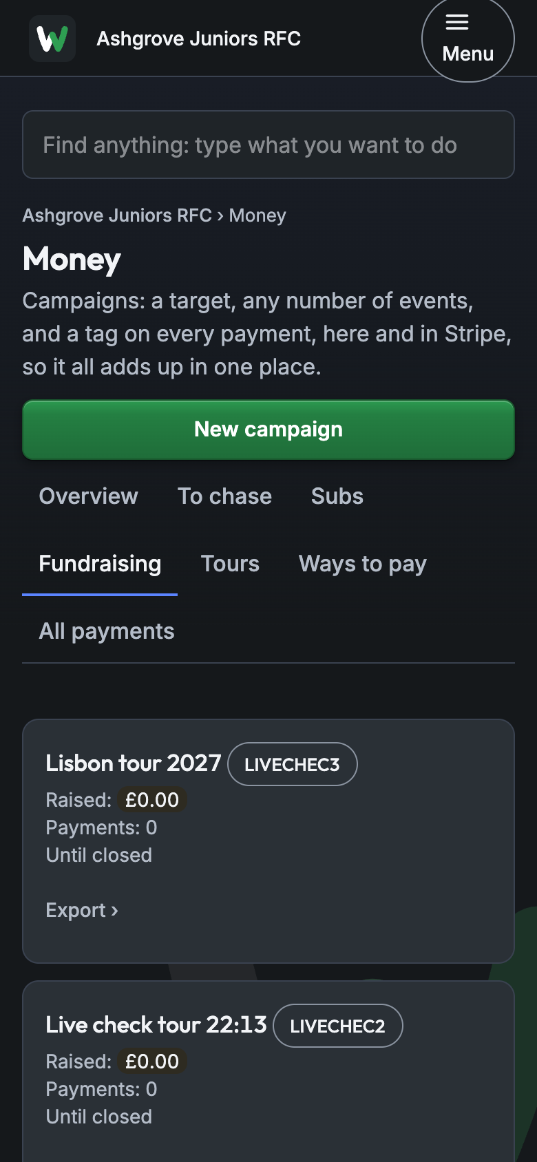 Money › Fundraising: each campaign with its tag and what it has raised