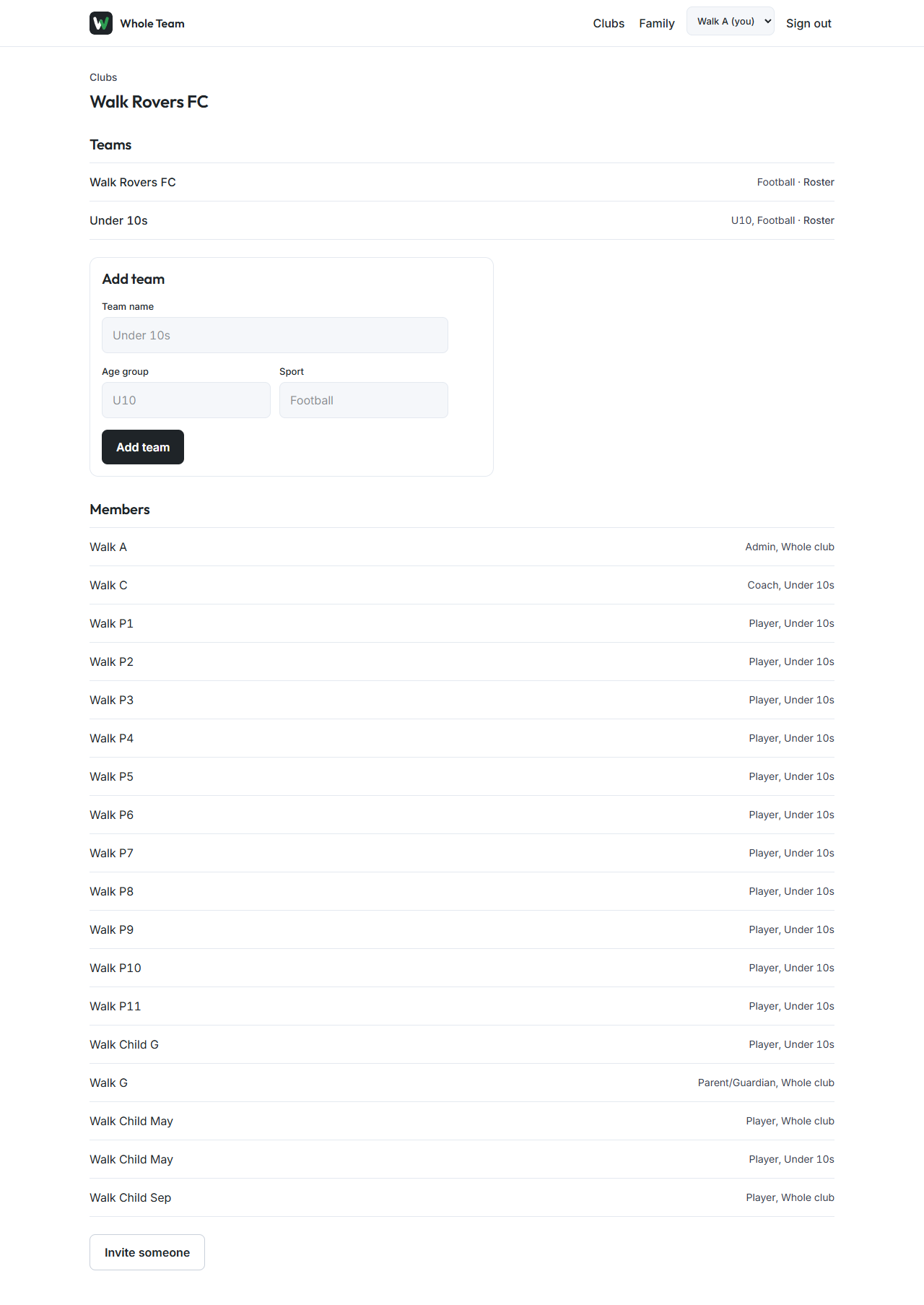 Club page with the Roster link beside each team