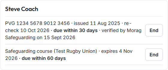 A coach's entry in the register, due for re-check