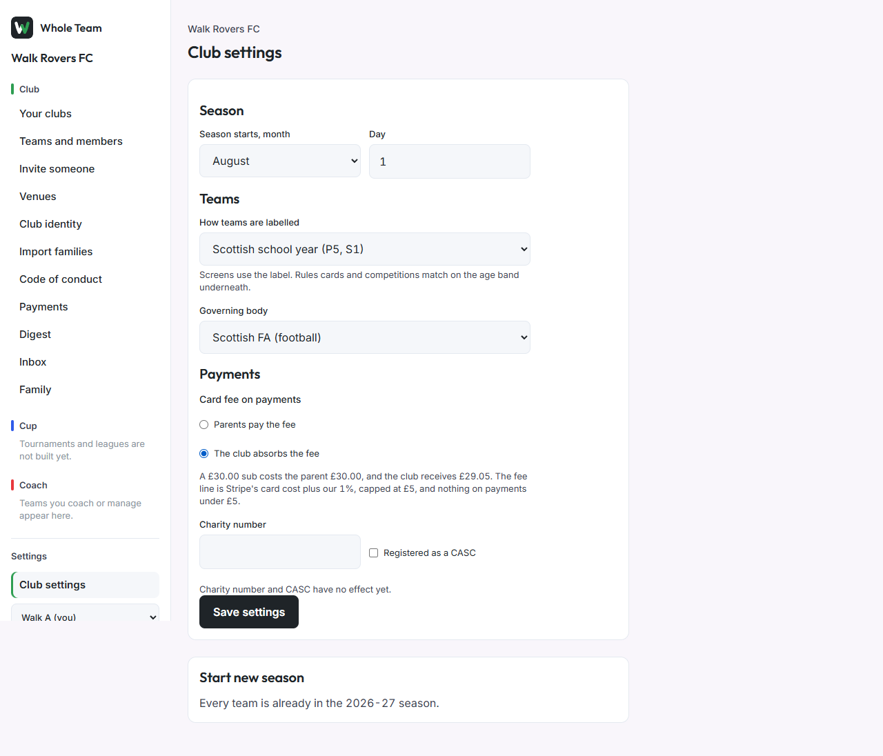 The fee line on club settings