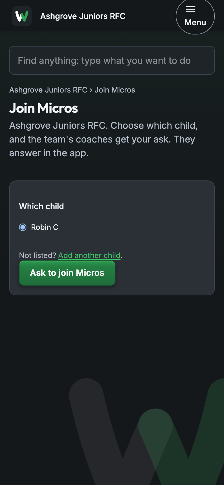Join a team: choose which child, then Ask to join