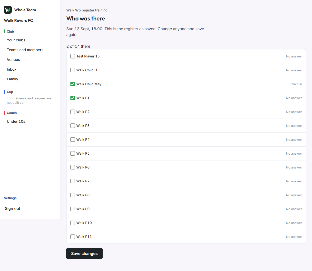 The register for a training session