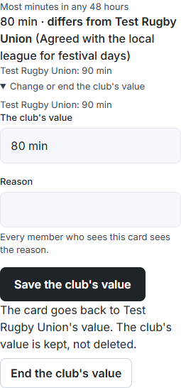 Setting the club's value, with the body's value and the reason