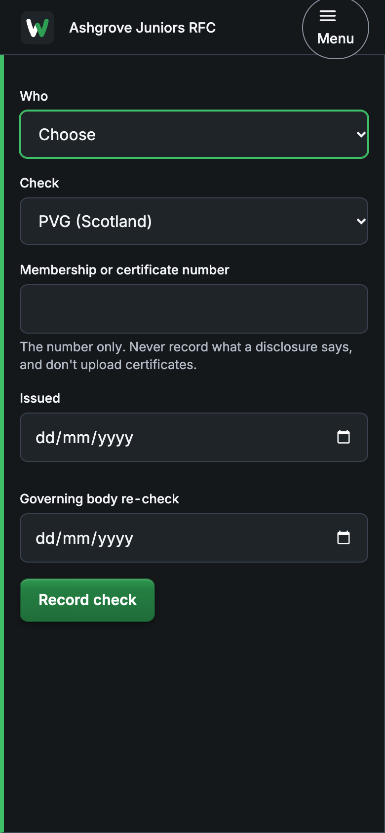 Record a check: who, which check, the number and the dates