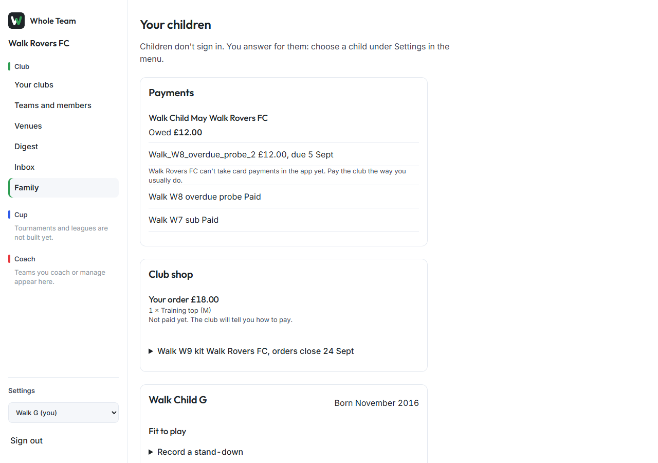 Ordering from the family page