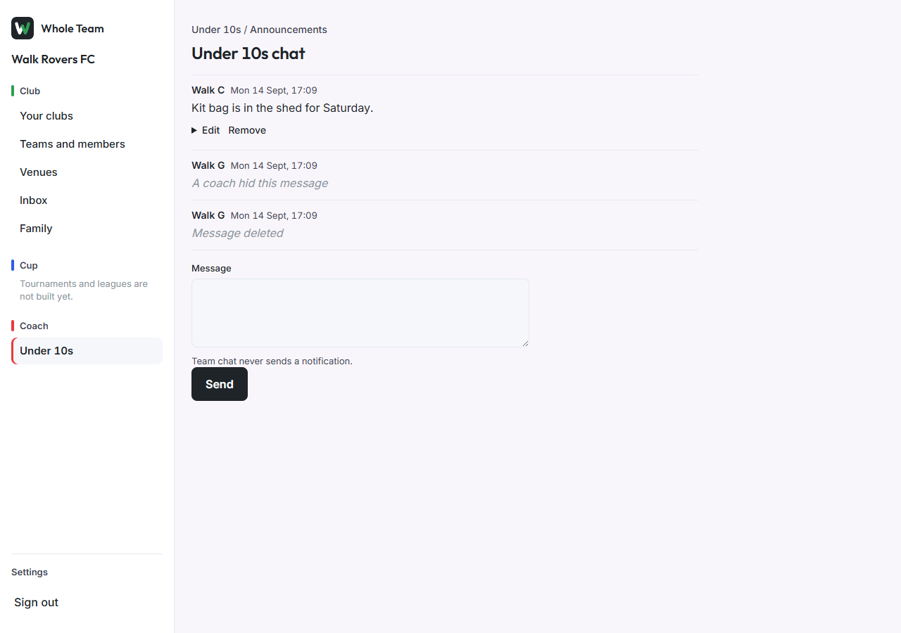 Team chat with an edited, a hidden and a removed message