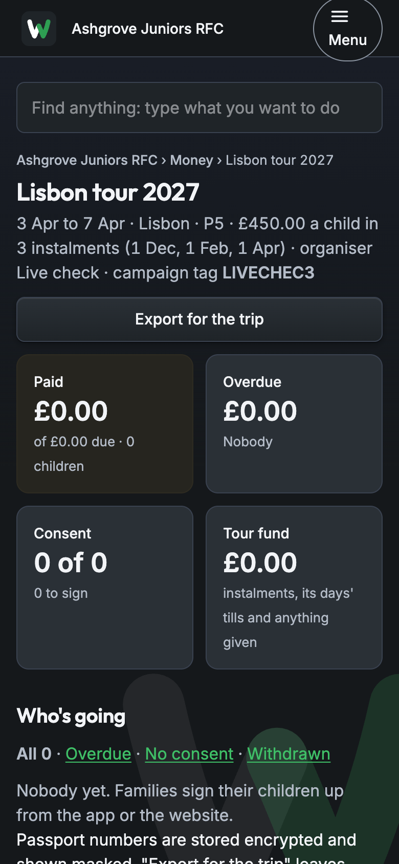 The organiser's page: paid, overdue, consent and the tour fund